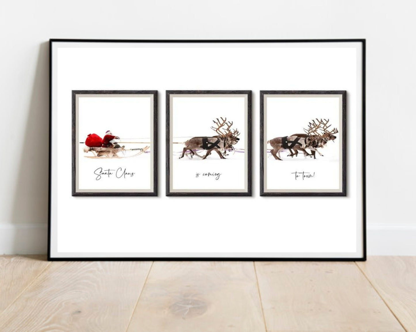 santa claus reindeer trio christmas wall art festive scandinavian holiday decor 3 frame digital download printable wall art poster, digital download