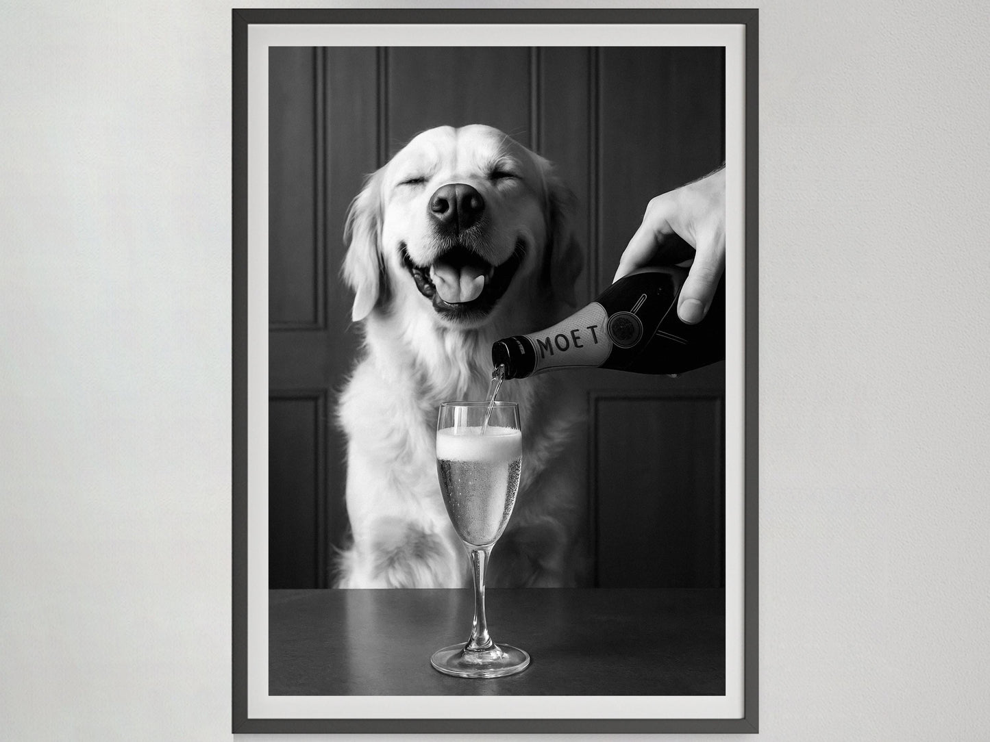 Golden Retriever Dog Drinking Champagne Print, Black and White, Bar Cart Wall Art, Cocktail Poster, Pub Decor, Printable, Digital Download