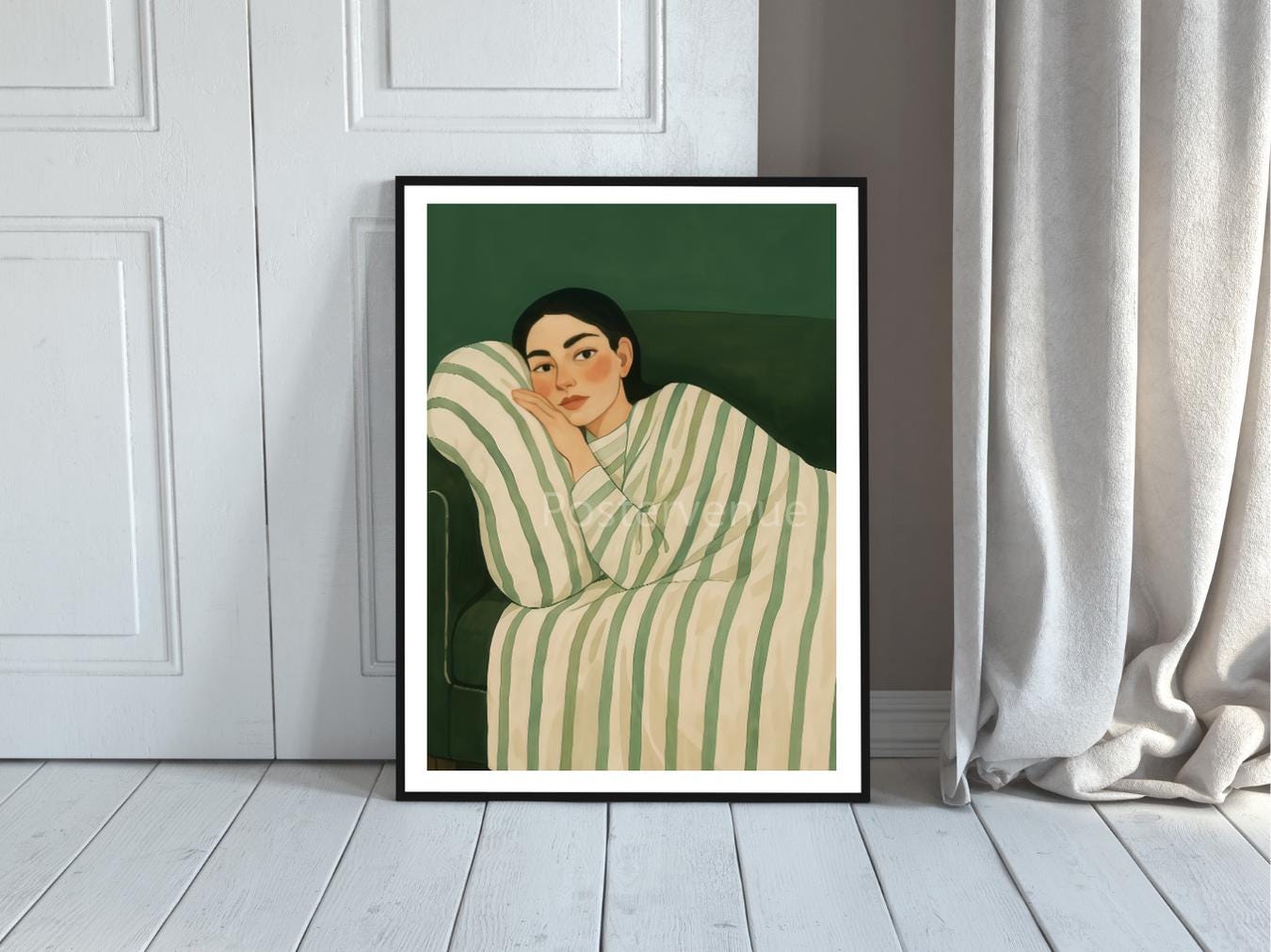 elegant emerald green woman wall art abstract face line drawing fashion inspired home decor minimalist luxury print digital download printable wall art poster, digital download