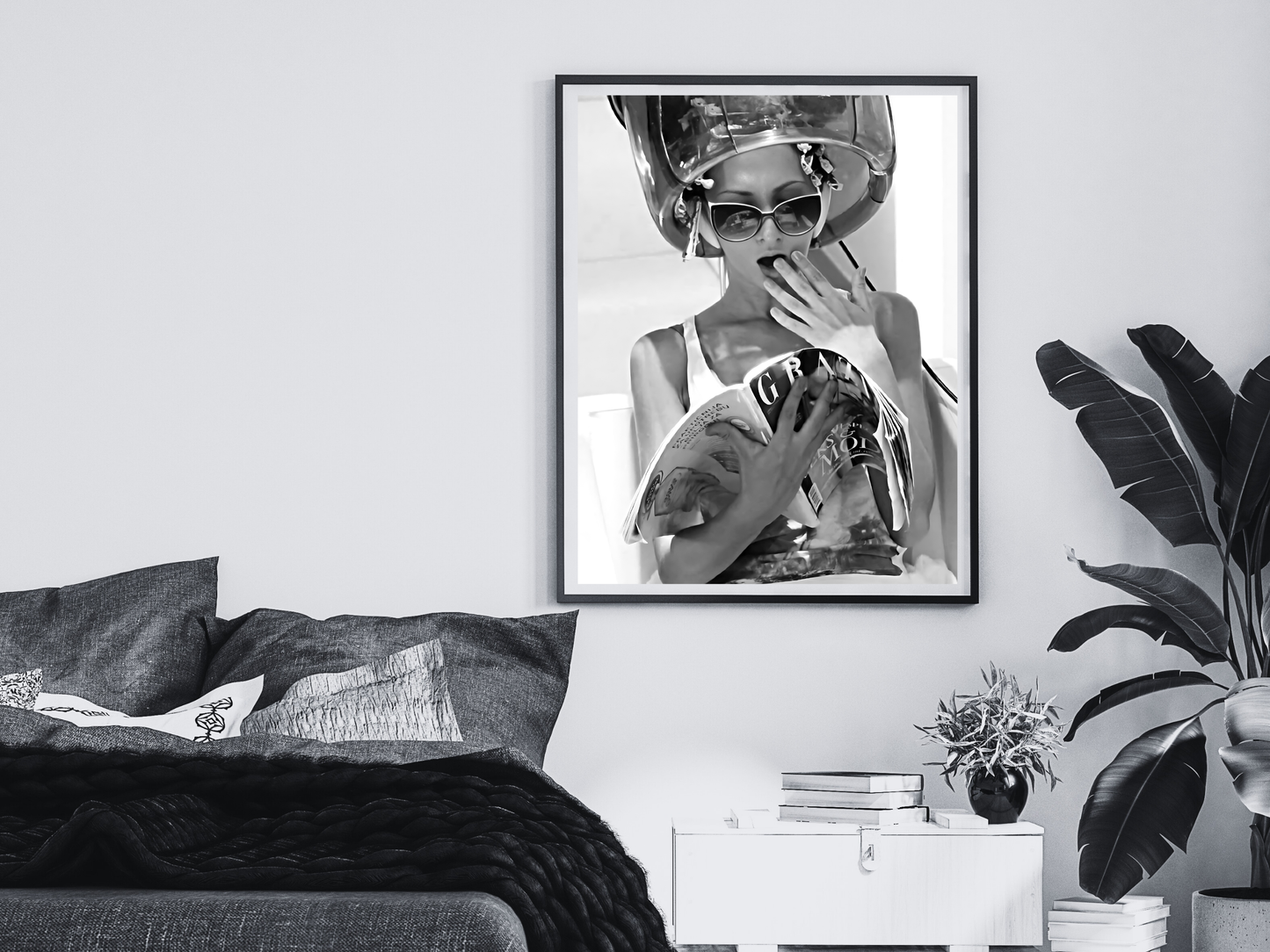 Retro Woman Reading Magazine Poster Black and White Fashion Wall Art Digital Download