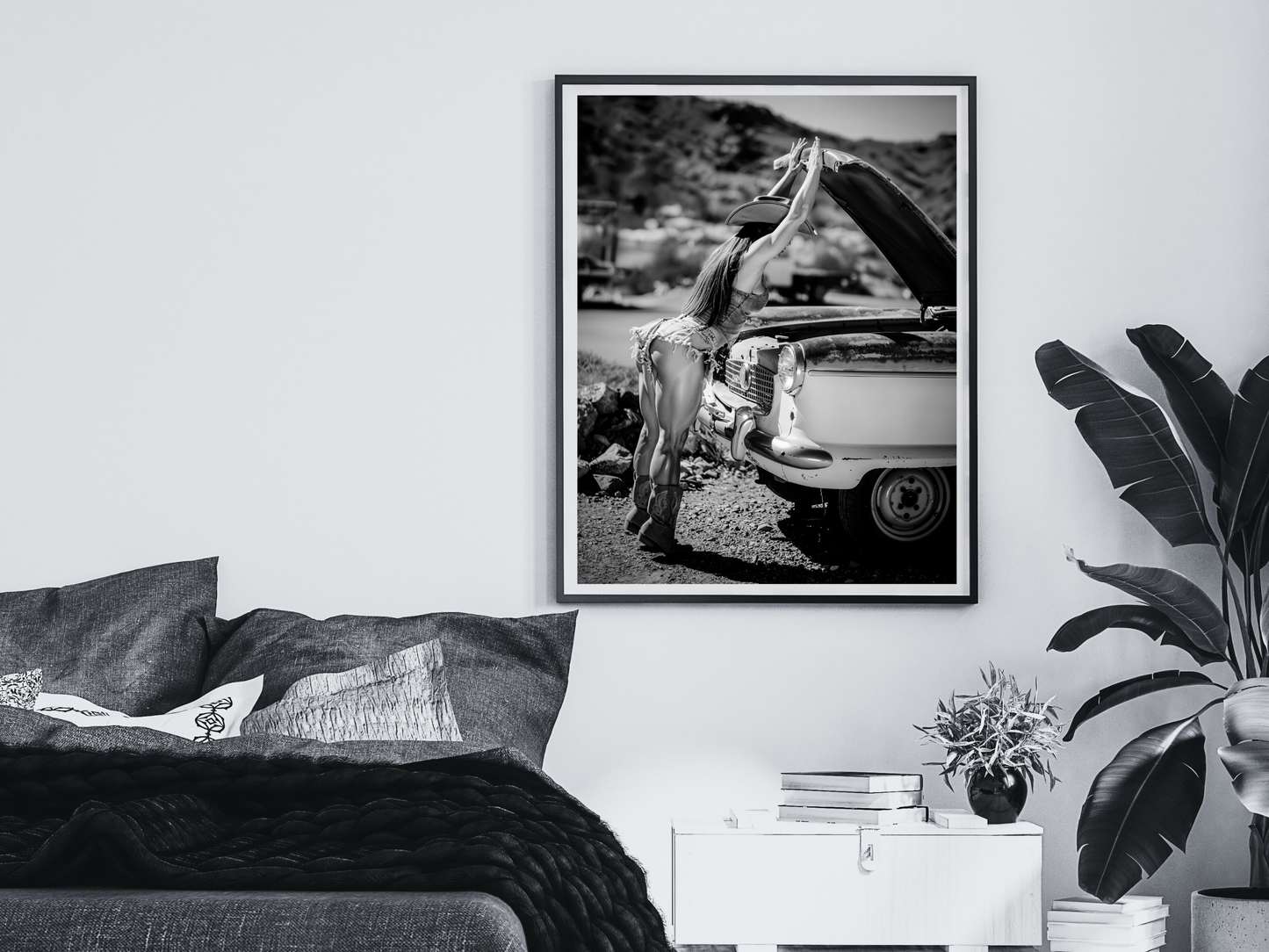 Cowgirl Vintage Car Poster Black and White – Western Retro Art Print for Rustic Decor (Digital Download)