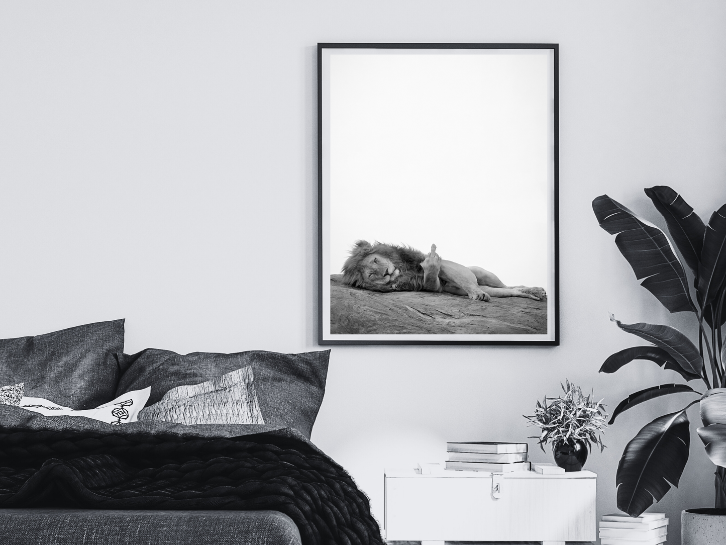 Lion Poster Black and White Funny Bold Animal Wall Art Digital Download