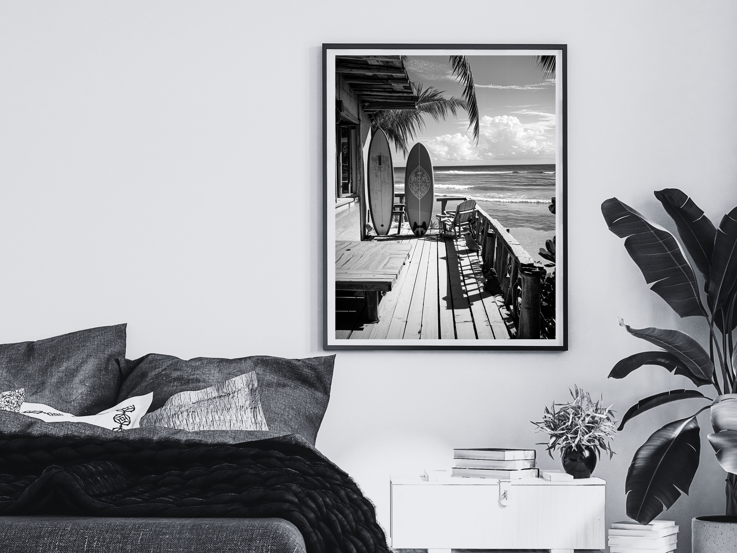 Surfboard Beach Poster Black and White – Coastal Ocean Wall Art For Home, Surf Shop And Beach House Decor (Digital Download)