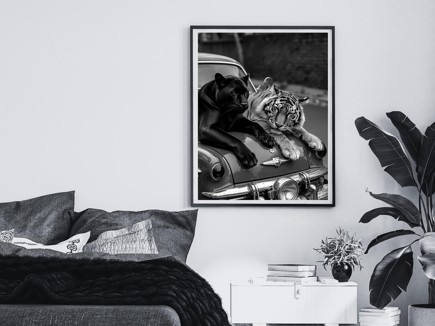 panther and tiger on retro car poster vintage wall art luxury fashion poster vintage tiger and panther black and white digital download printable wall art poster, digital download