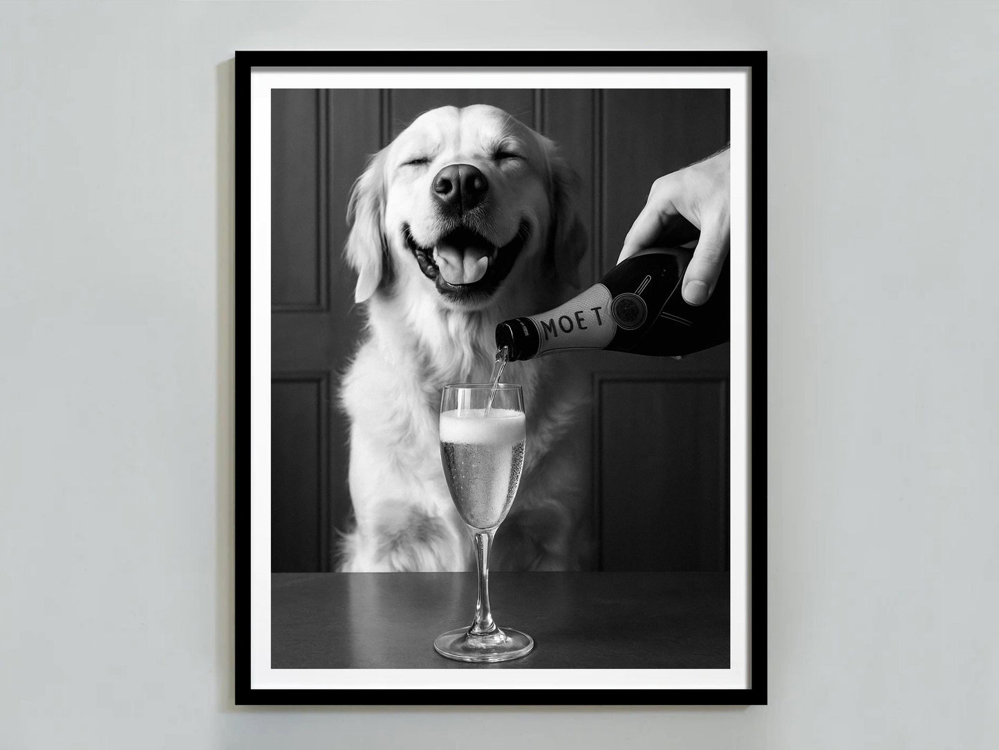 Golden Retriever Dog Drinking Champagne Print, Black and White, Bar Cart Wall Art, Cocktail Poster, Pub Decor, Printable, Digital Download