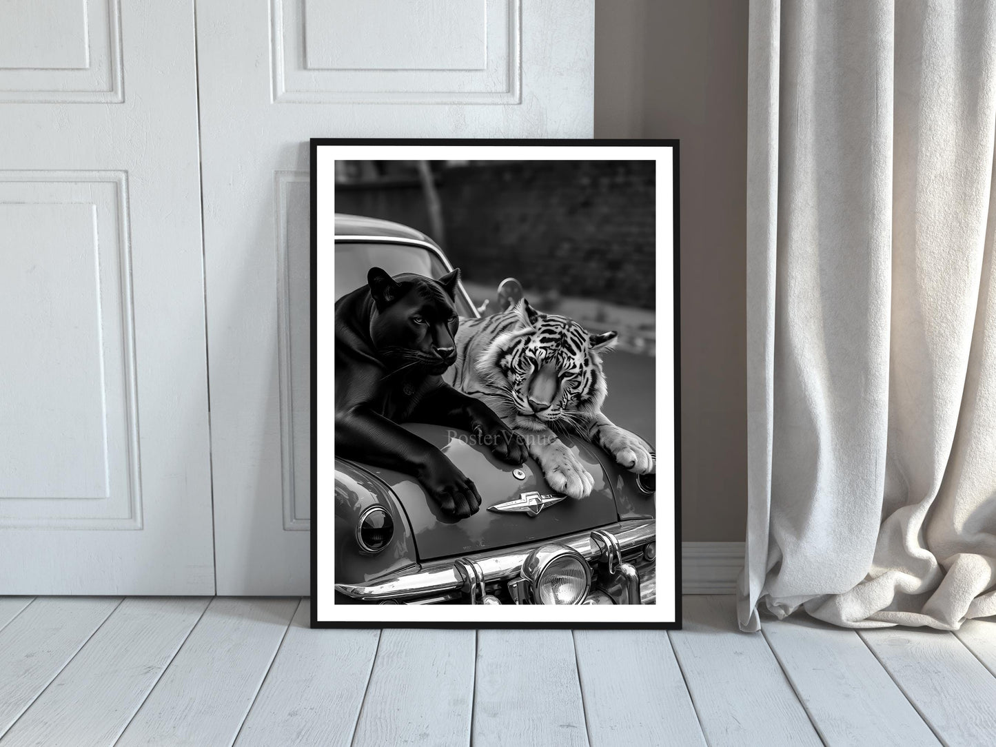 panther and tiger on retro car poster vintage wall art luxury fashion poster vintage tiger and panther black and white digital download printable wall art poster, digital download