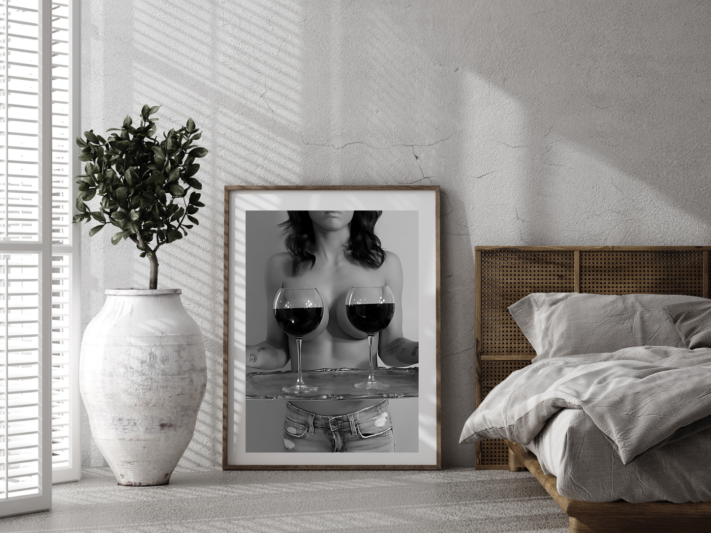 Wine Glass Woman Poster Black And White Bold Sexy Wall Art Digital Download