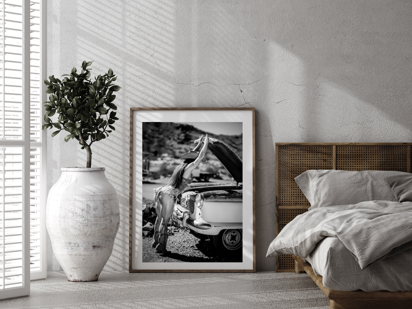 Cowgirl Vintage Car Poster Black and White – Western Retro Art Print for Rustic Decor (Digital Download)