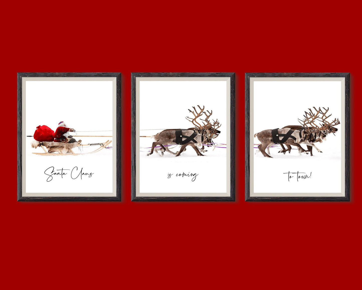 santa claus reindeer trio christmas wall art festive scandinavian holiday decor 3 frame digital download printable wall art poster, digital download