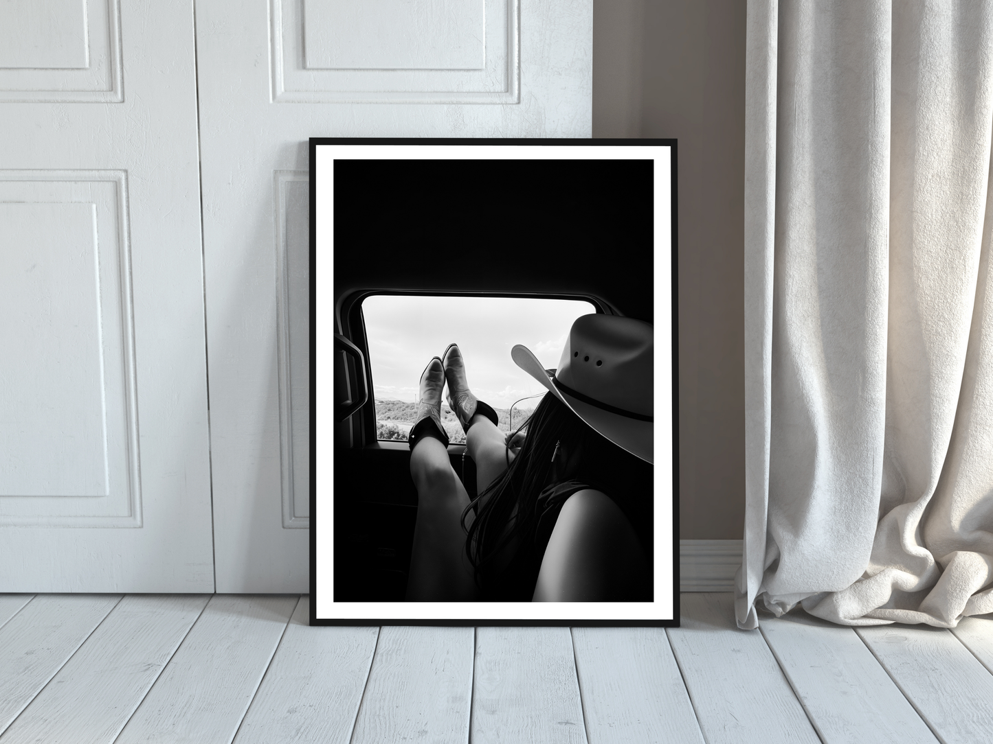 Cowgirl Relaxing Car Window Print - Black & White Western Photography Wall Art (Digital Download)