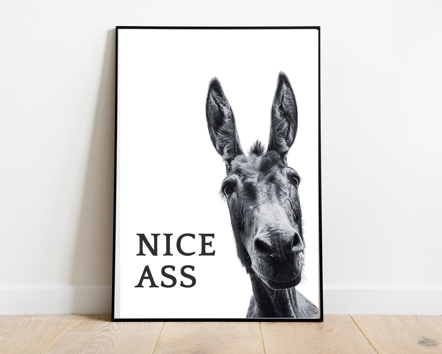 Framed artwork of a donkey with text 'NICE ASS' on a white wall.