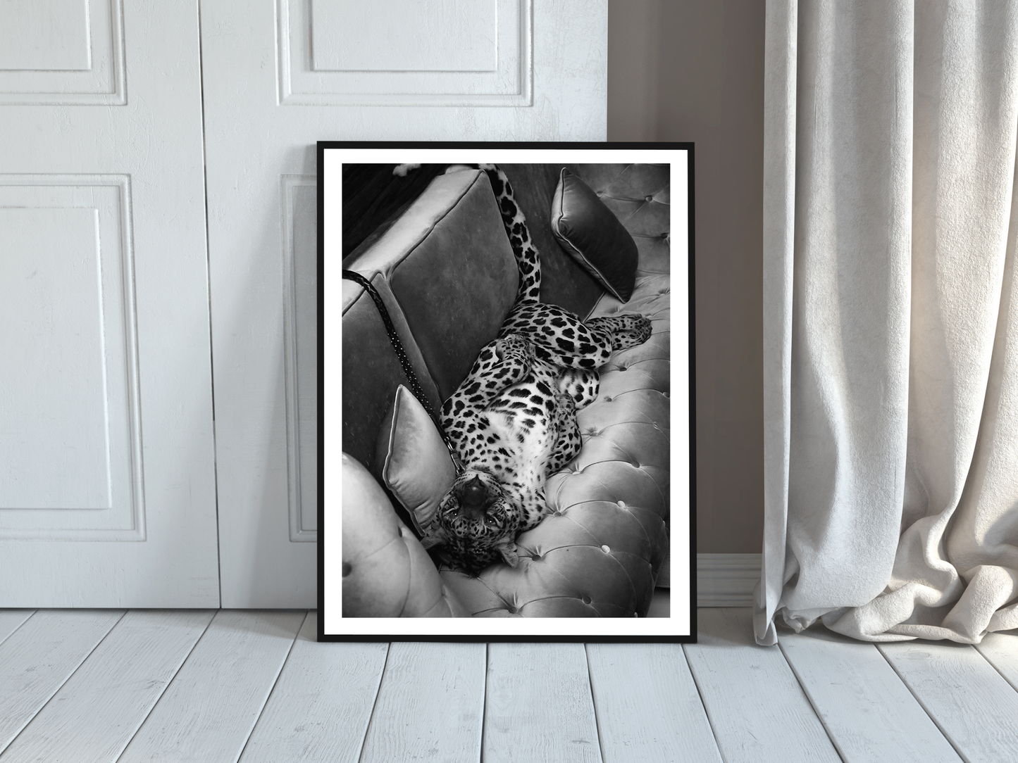Leopard On Sofa Poster Black and White Wild Animal Wall Art Digital Download