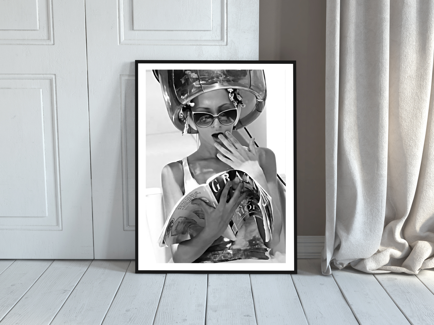 Retro Woman Reading Magazine Poster Black and White Fashion Wall Art Digital Download