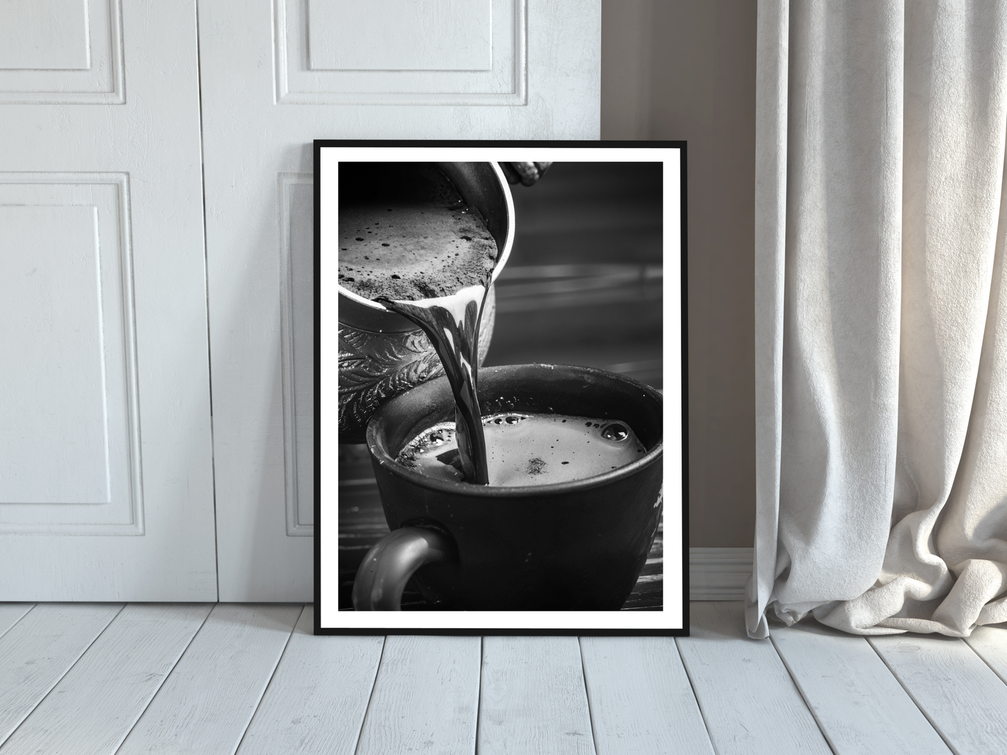 Coffee Pour Poster Black and White – Hot Coffee Art Print For Kitchen, Café And Wall Decor (Digital Download)