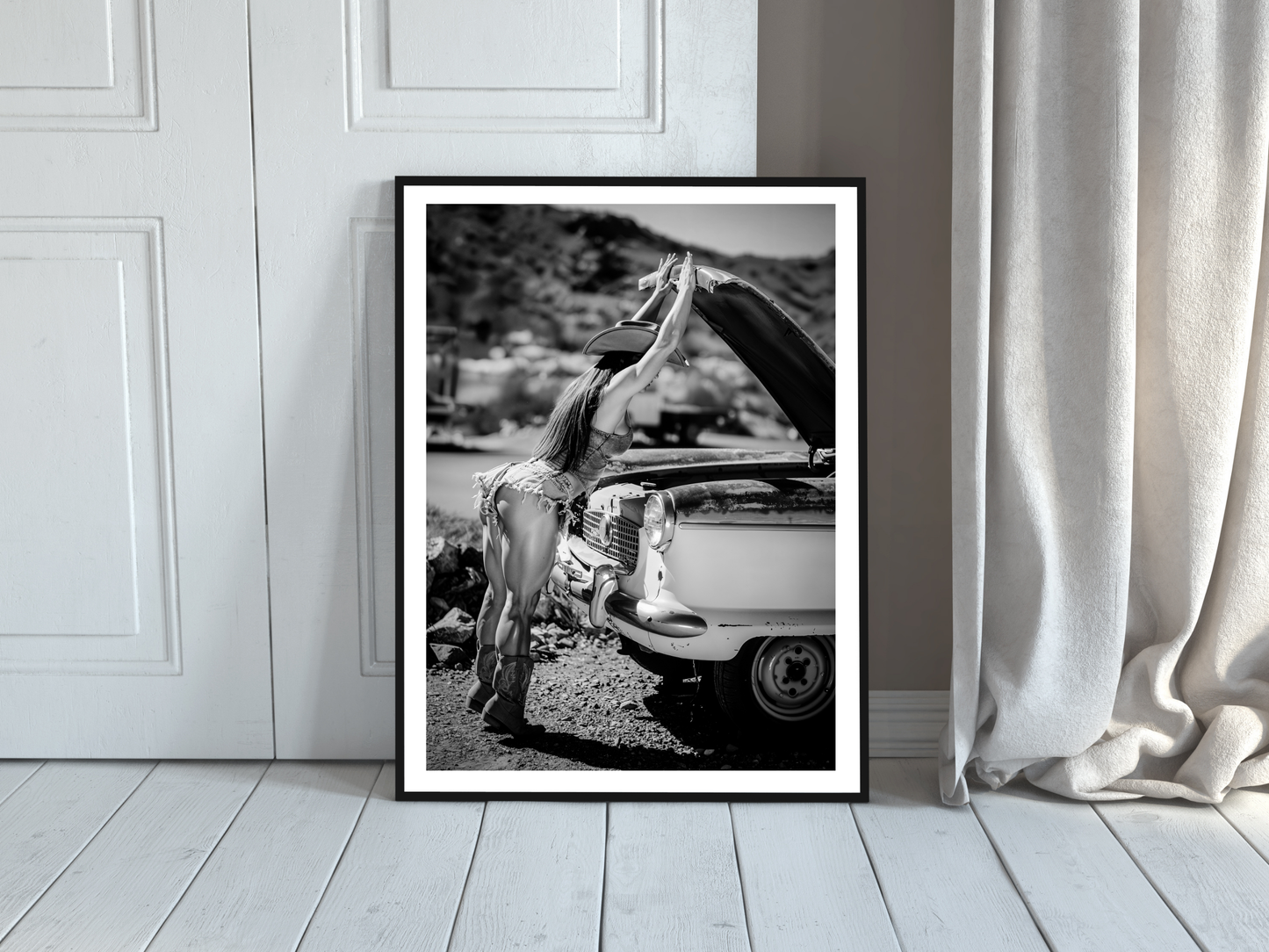 Cowgirl Vintage Car Poster Black and White – Western Retro Art Print for Rustic Decor (Digital Download)