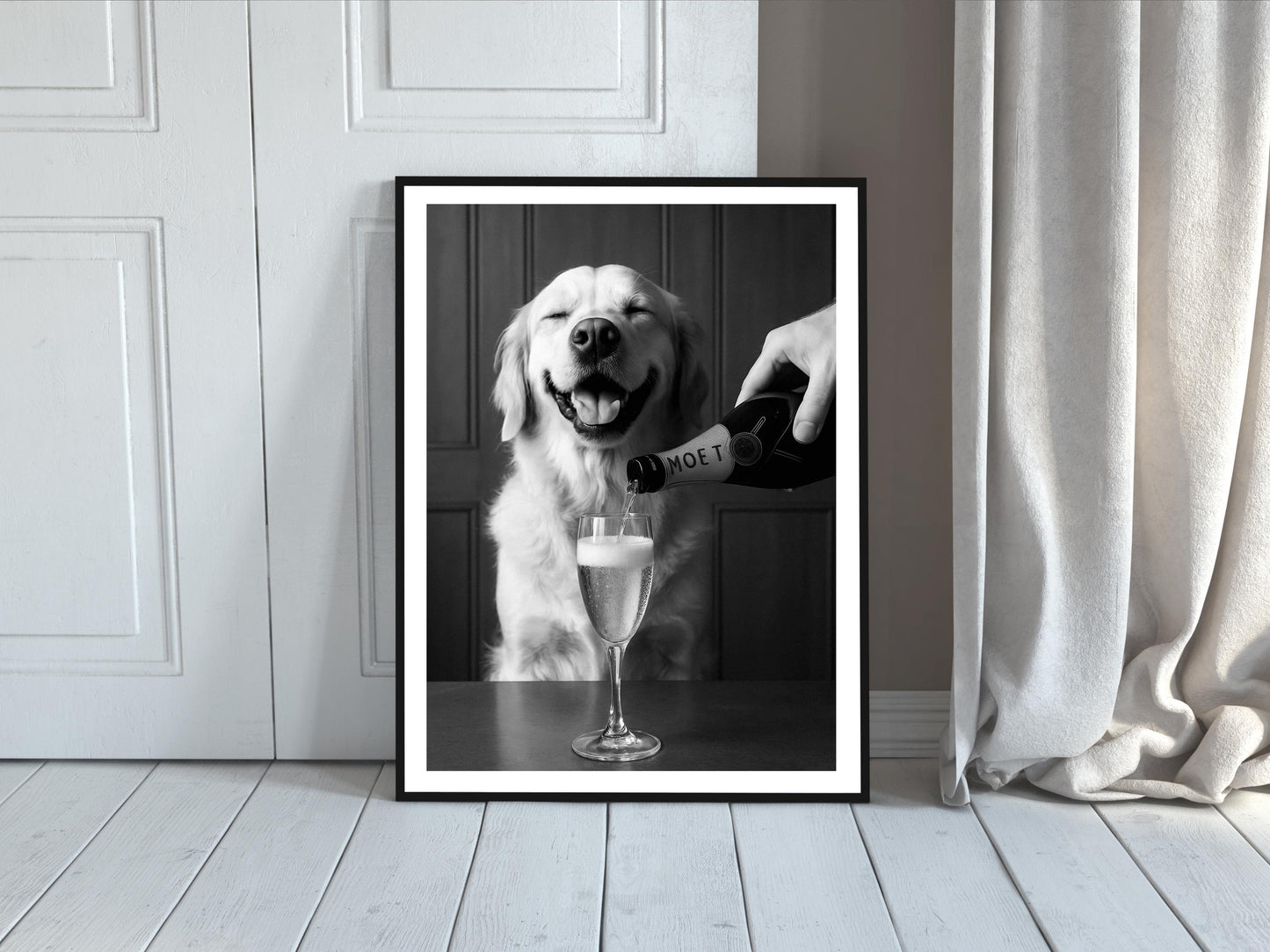 Golden Retriever Dog Drinking Champagne Print, Black and White, Bar Cart Wall Art, Cocktail Poster, Pub Decor, Printable, Digital Download