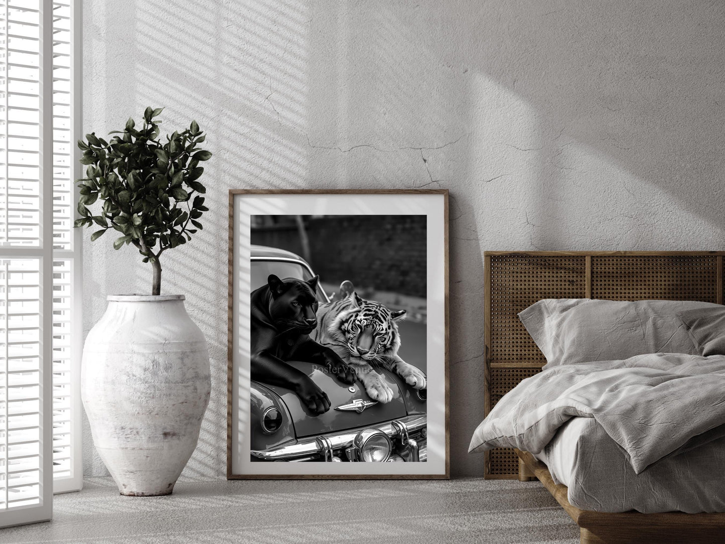 panther and tiger on retro car poster vintage wall art luxury fashion poster vintage tiger and panther black and white digital download printable wall art poster, digital download