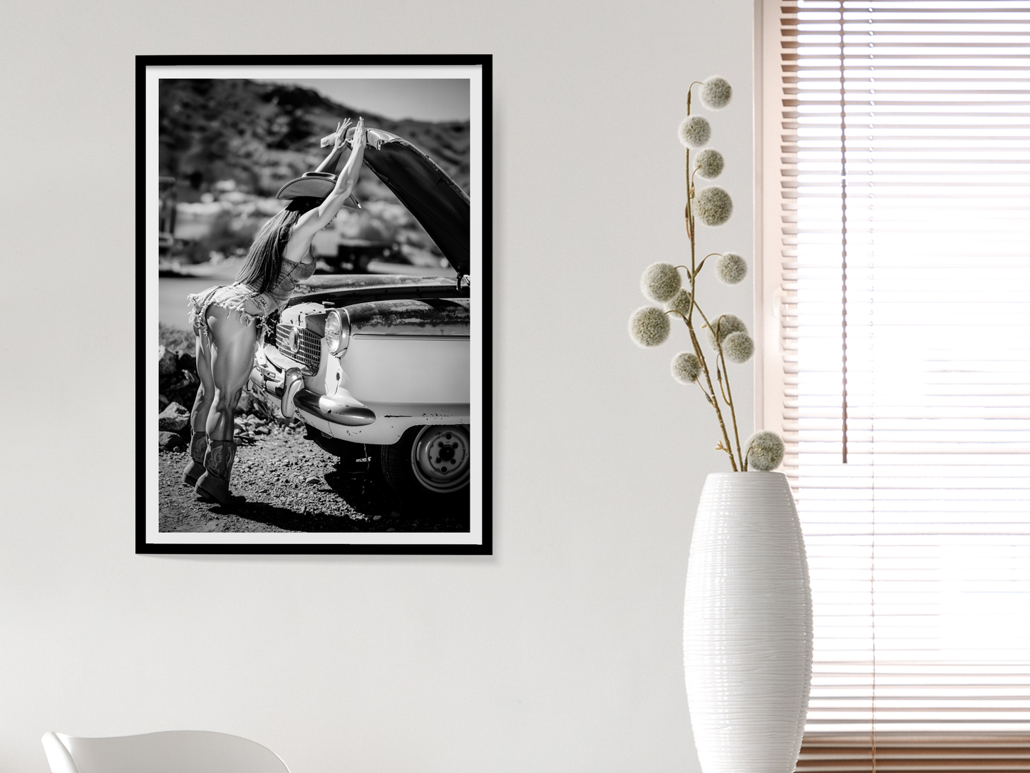 Cowgirl Vintage Car Poster Black and White – Western Retro Art Print for Rustic Decor (Digital Download)