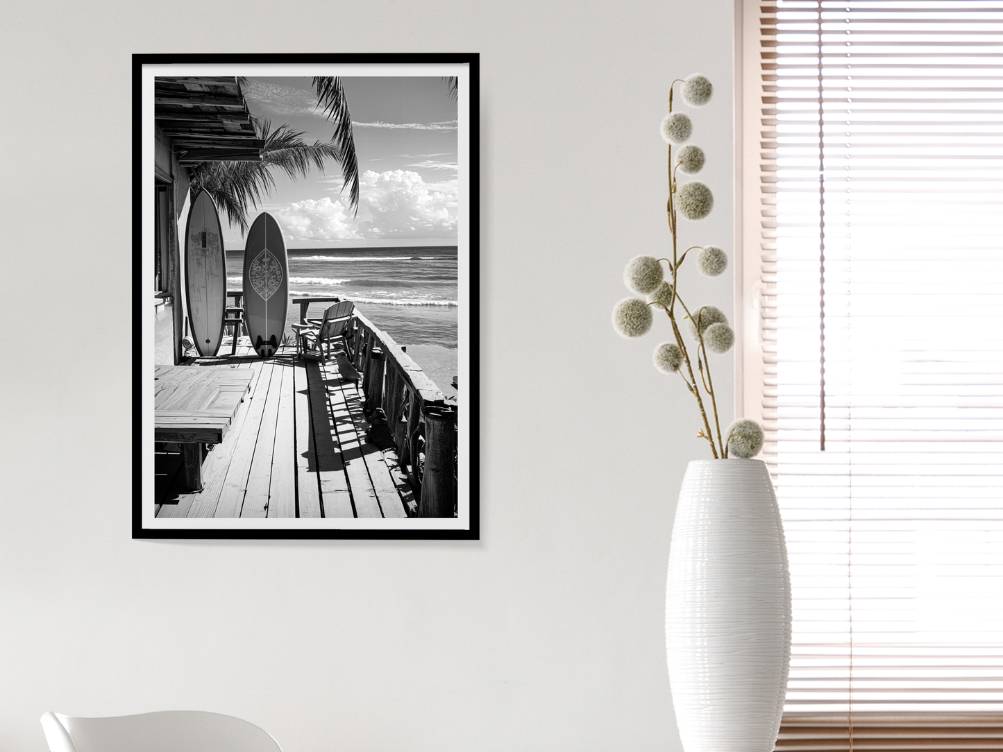 Surfboard Beach Poster Black and White – Coastal Ocean Wall Art For Home, Surf Shop And Beach House Decor (Digital Download)