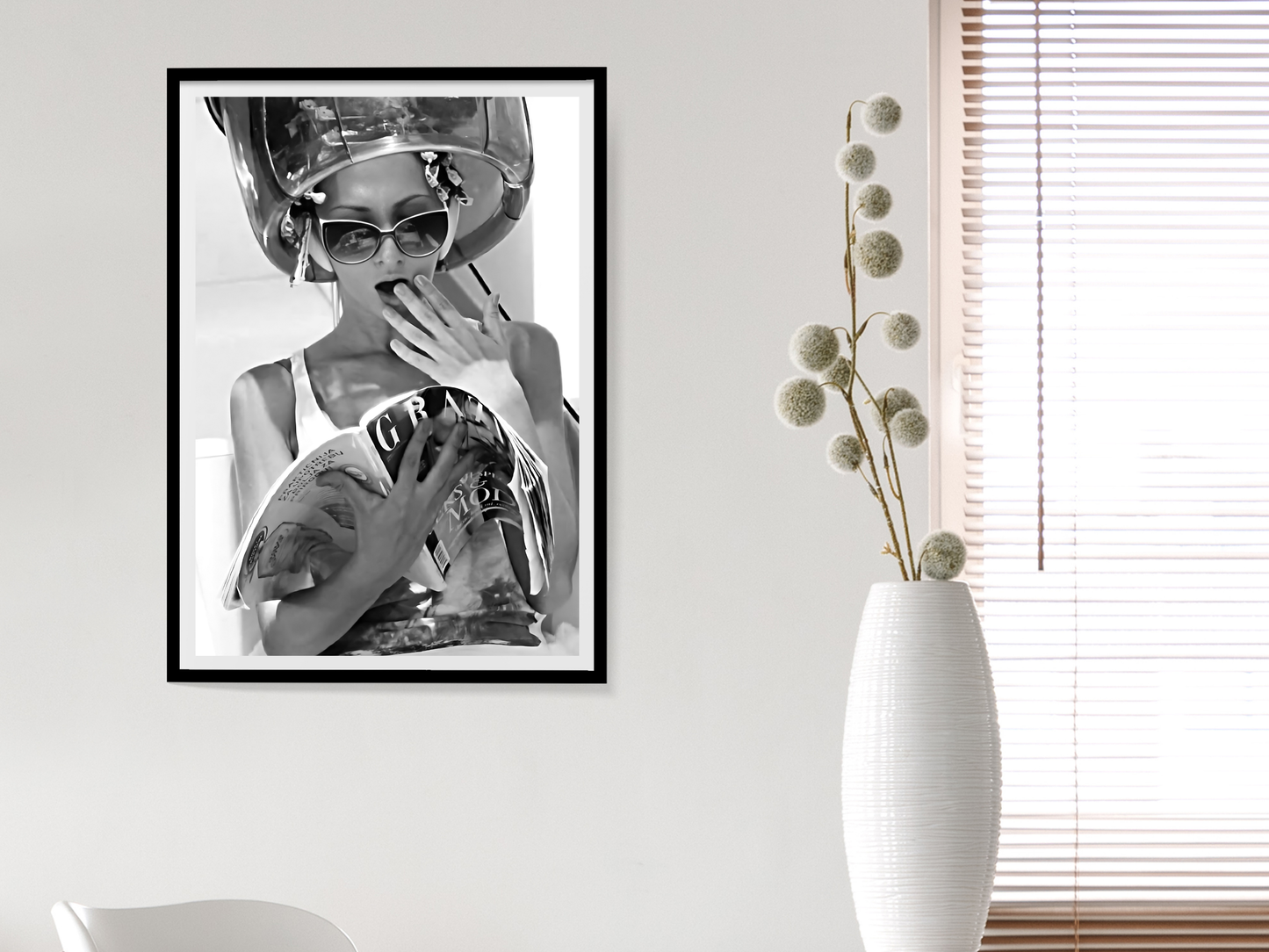 Retro Woman Reading Magazine Poster Black and White Fashion Wall Art Digital Download