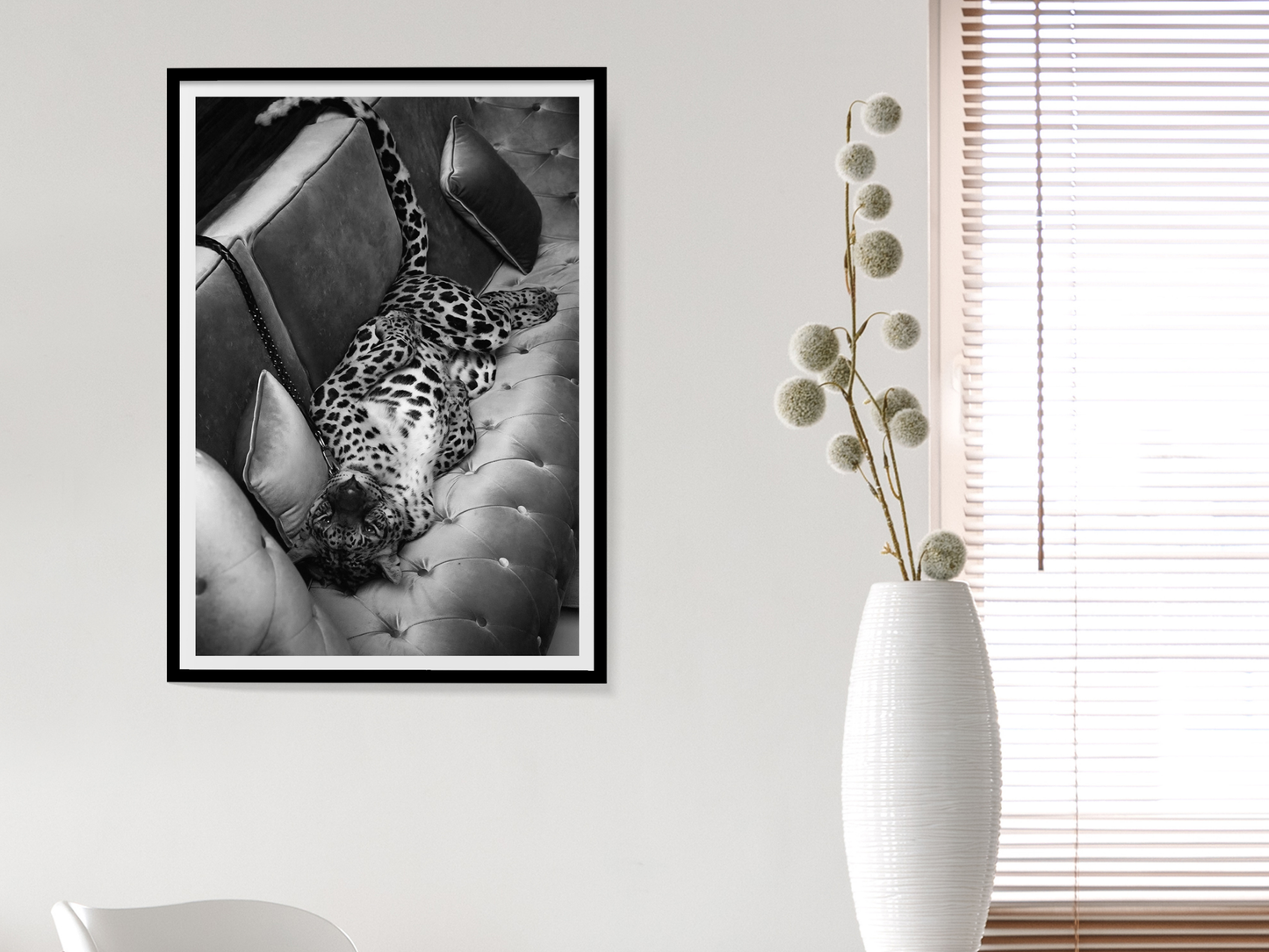 Leopard On Sofa Poster Black and White Wild Animal Wall Art Digital Download