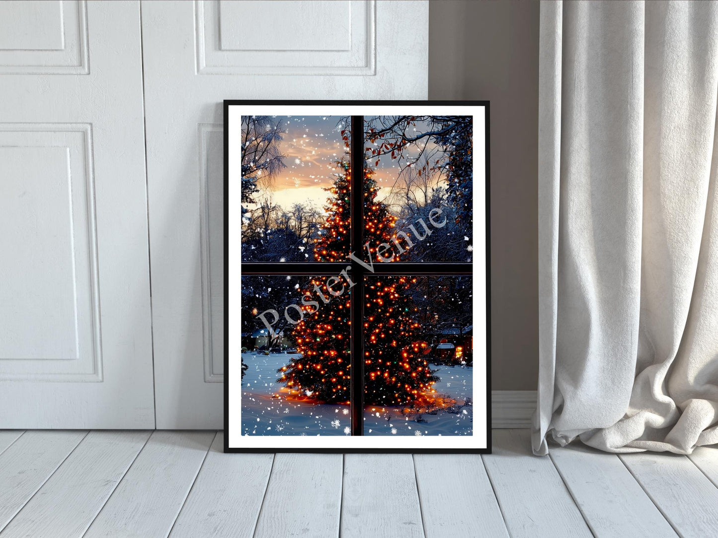 christmas tree through window snowfall santa claus festive decor glowing lights holiday vibes gifts funny christmas art digital download printable wall art poster, digital download