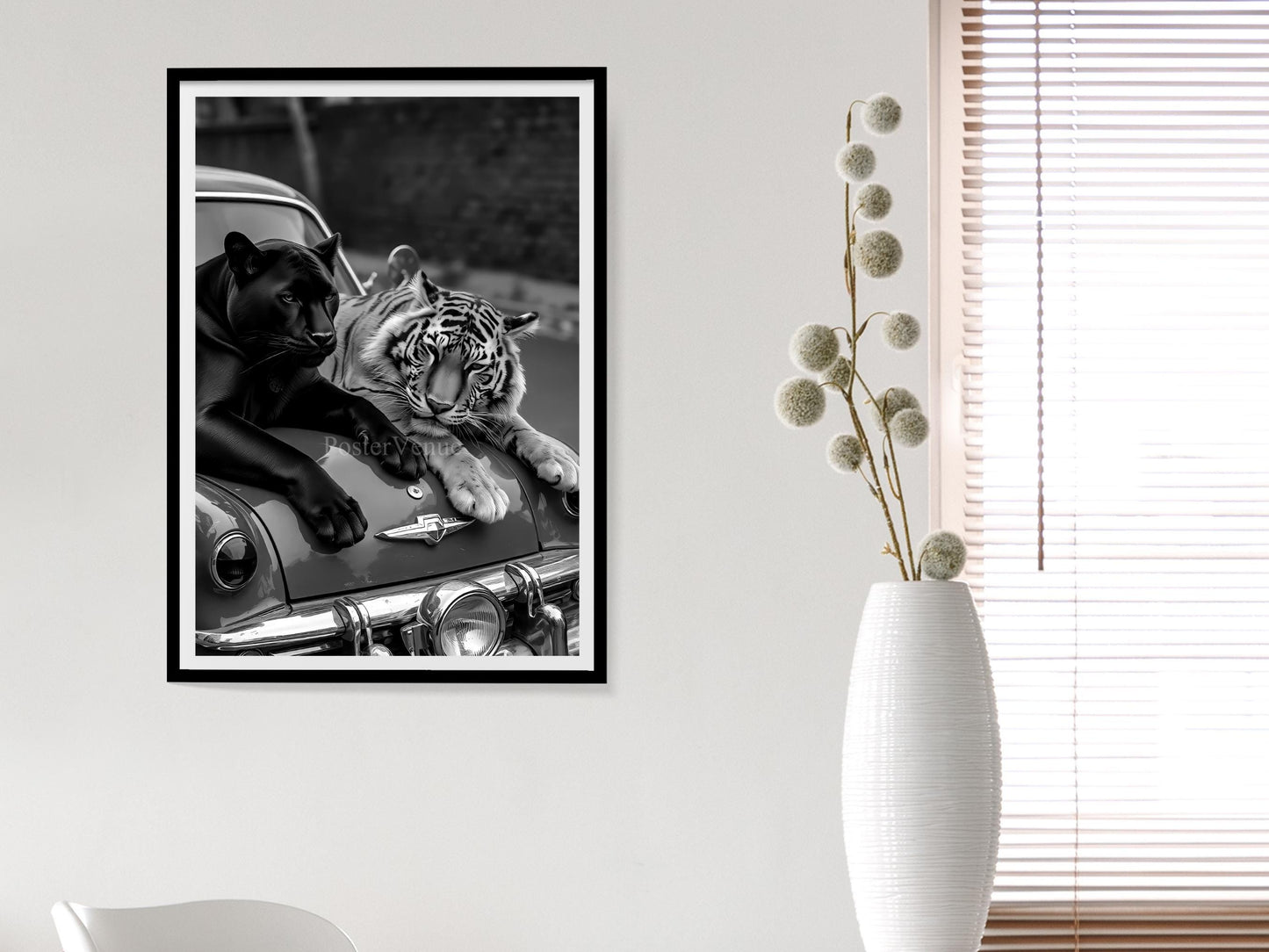 panther and tiger on retro car poster vintage wall art luxury fashion poster vintage tiger and panther black and white digital download printable wall art poster, digital download