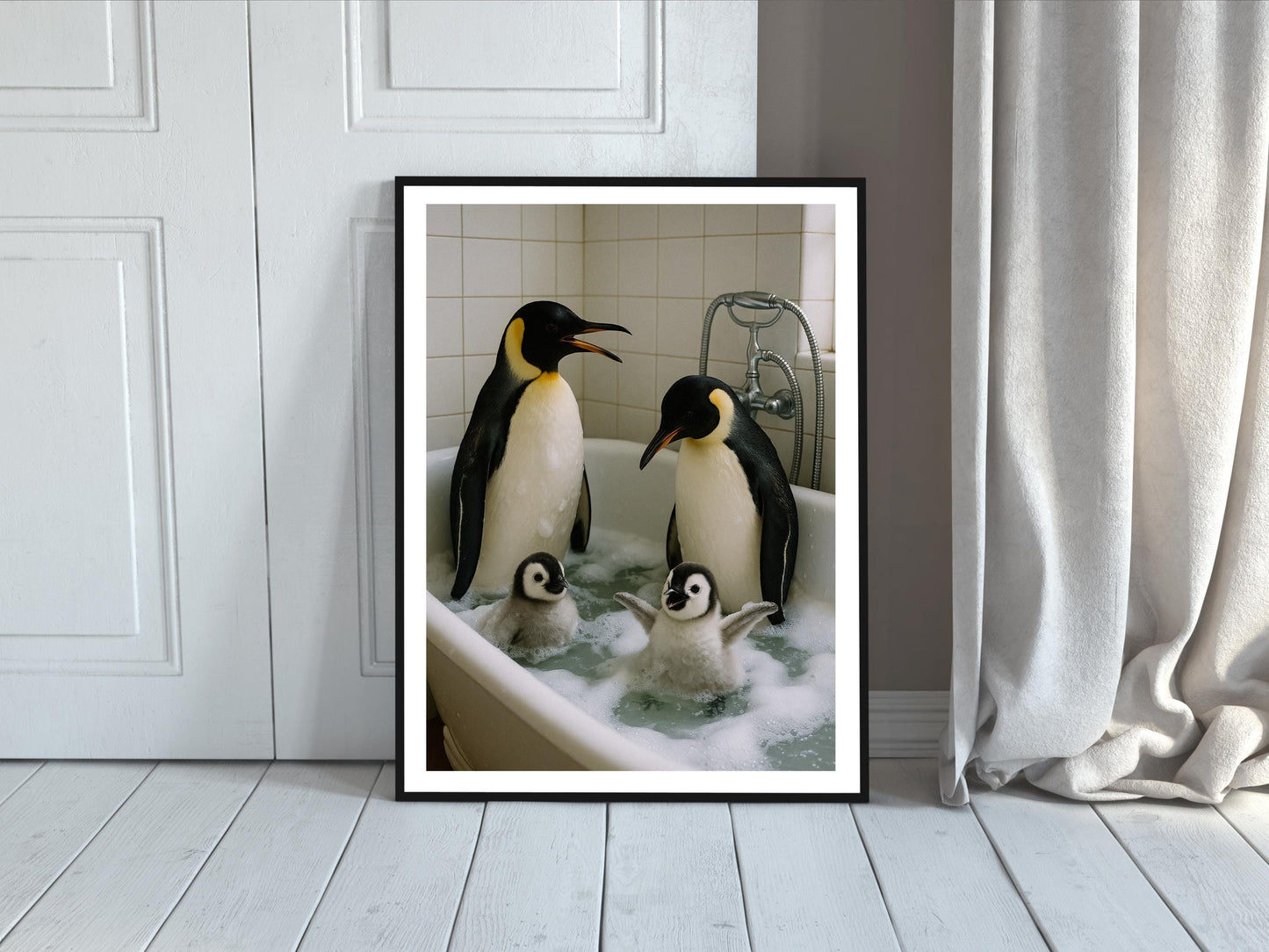 Penguins in Bathtub Print, Funny Bathroom Wall Art, Kids Bathroom Decor, Printable Bathroom Wall Art, Digital Download, Funny Animal Print