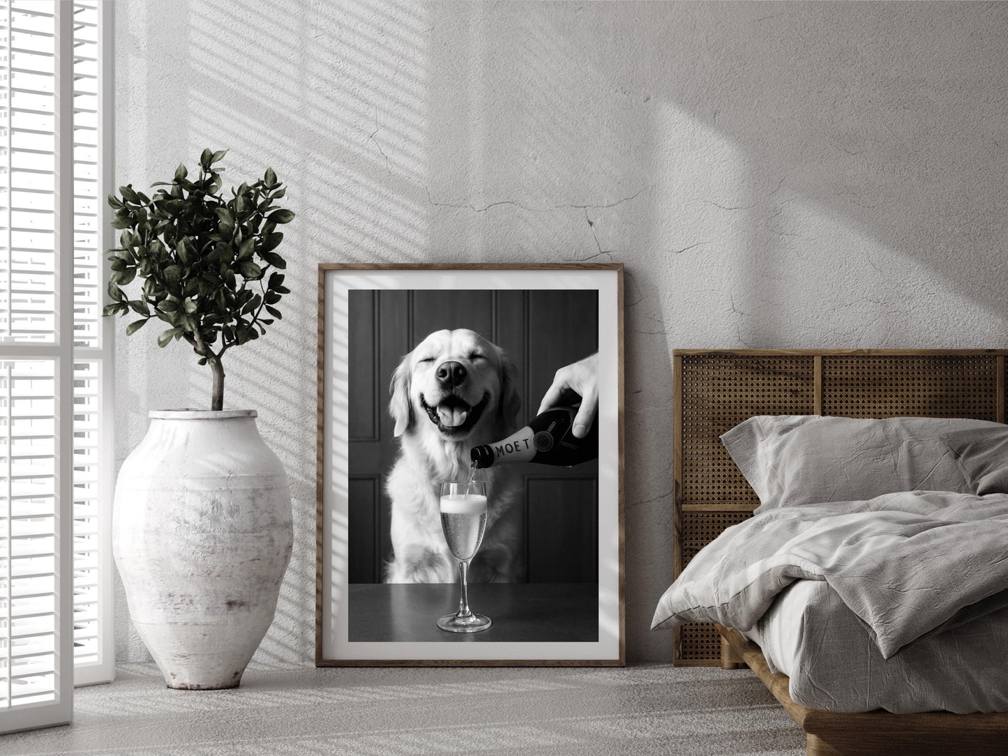 Golden Retriever Dog Drinking Champagne Print, Black and White, Bar Cart Wall Art, Cocktail Poster, Pub Decor, Printable, Digital Download