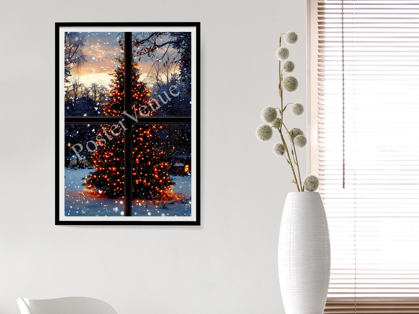 christmas tree through window snowfall santa claus festive decor glowing lights holiday vibes gifts funny christmas art digital download printable wall art poster, digital download