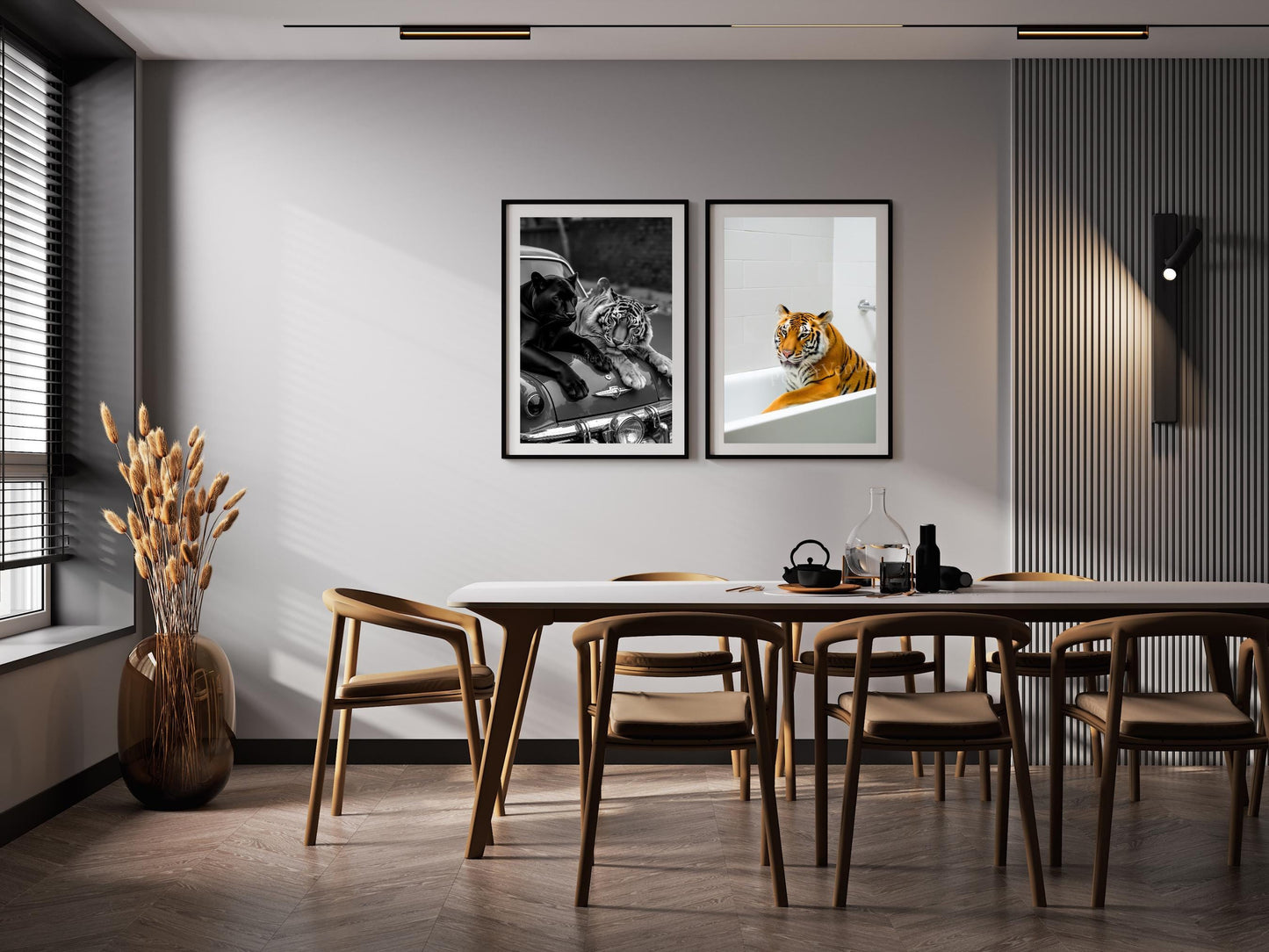 panther and tiger on retro car poster vintage wall art luxury fashion poster vintage tiger and panther black and white digital download printable wall art poster, digital download