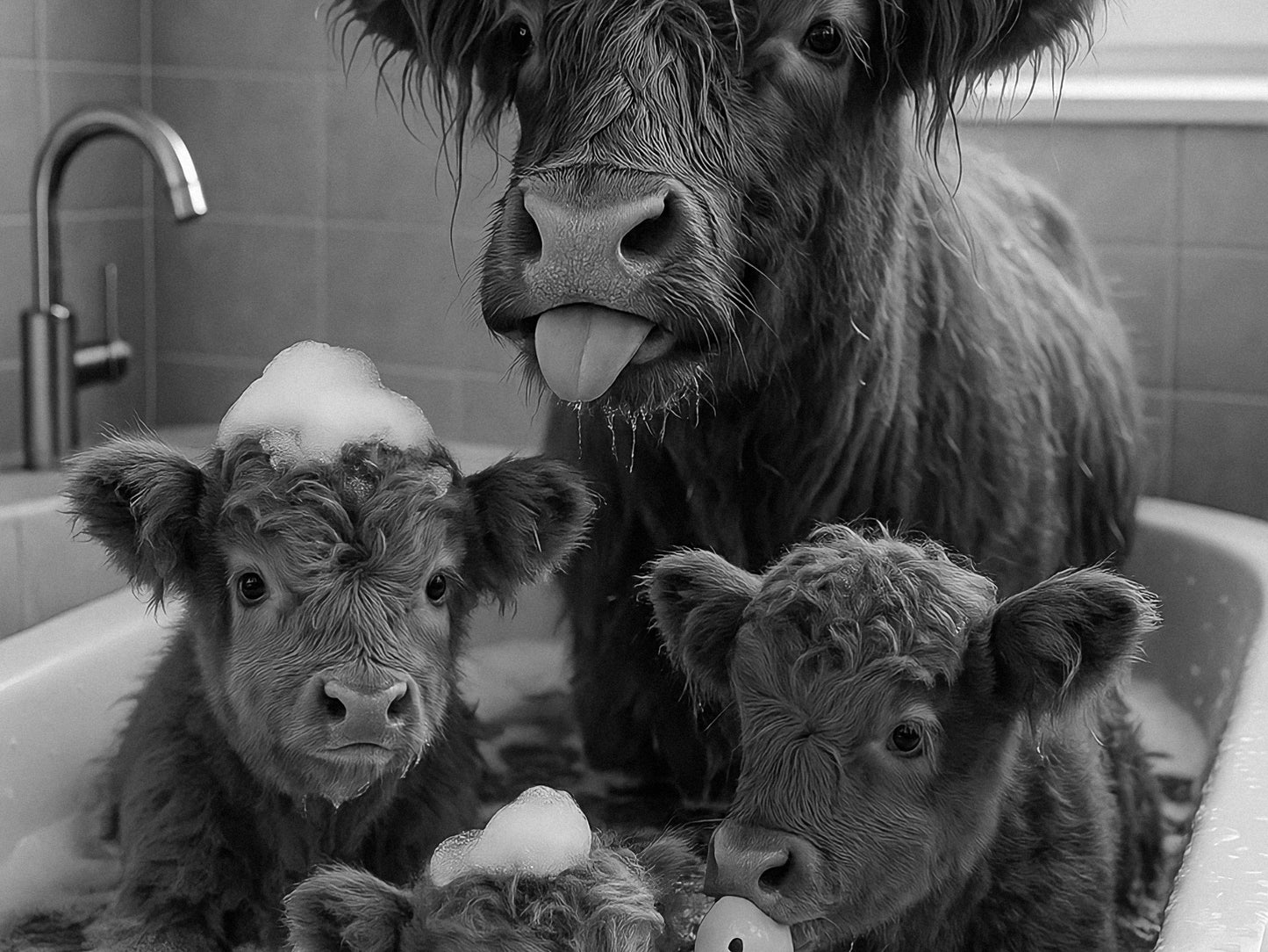 Highland Cow in Bathtub Print, Black and White, Funny Bathroom Wall Art, Kids Bathroom Decor, Digital Download, Animals in Bathtub Wall Art