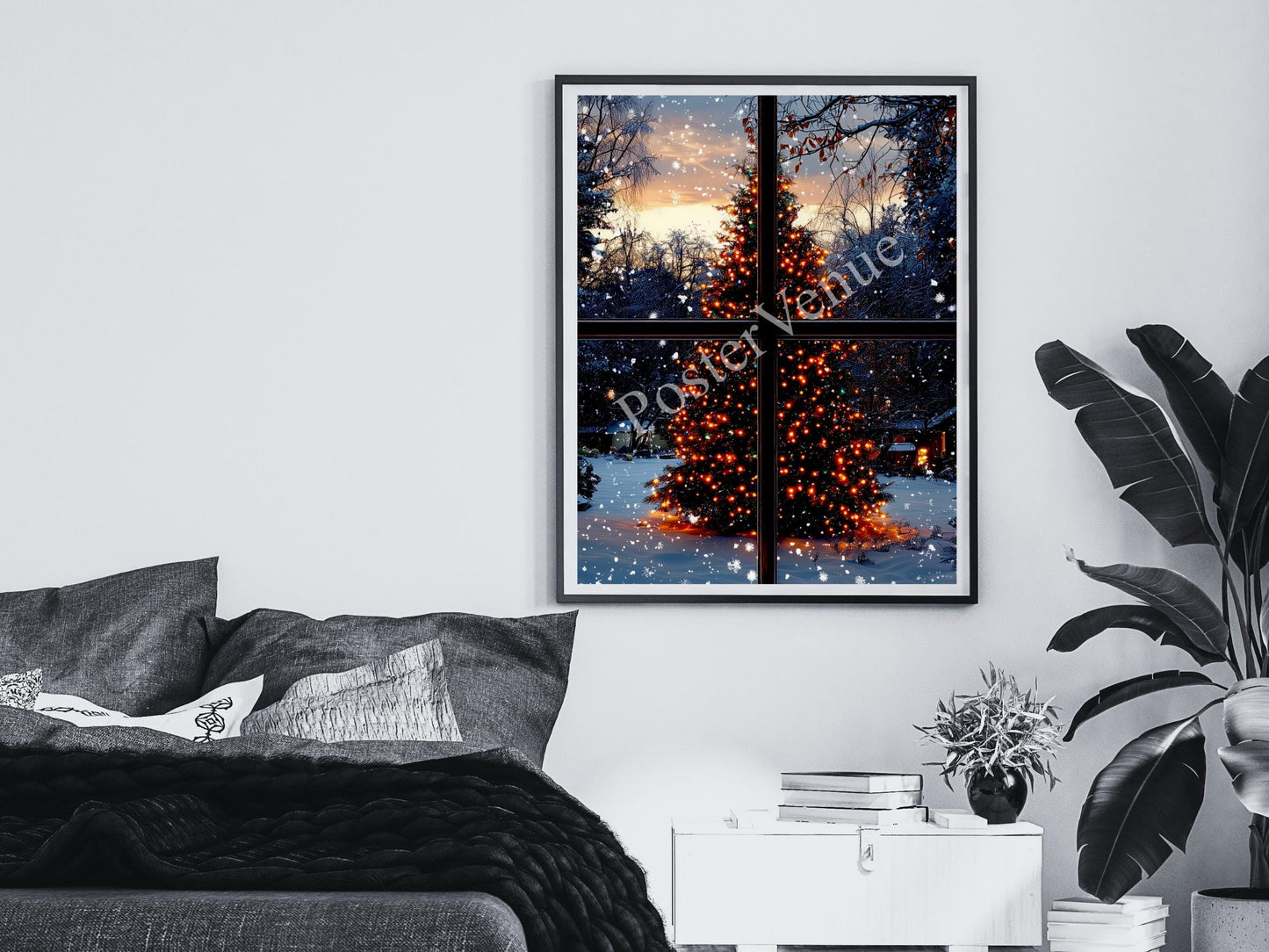 christmas tree through window snowfall santa claus festive decor glowing lights holiday vibes gifts funny christmas art digital download printable wall art poster, digital download