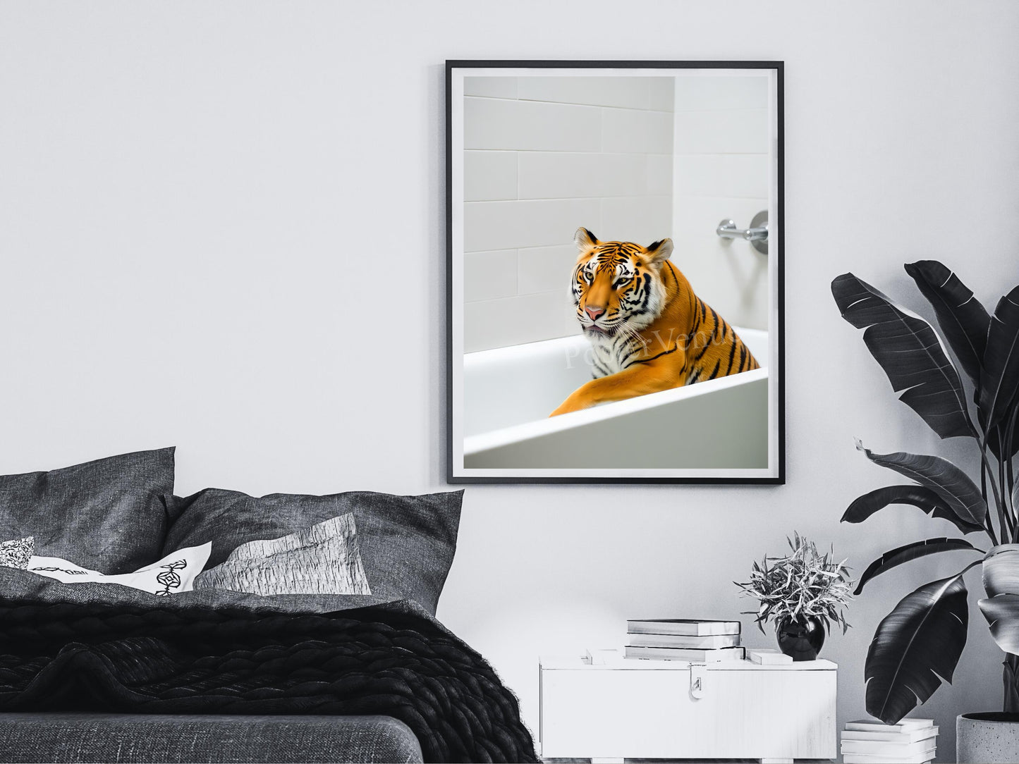 tiger in a bathtub poster printable wall art luxury tiger poster colorful trendy art bathroom print restroom decor digital download printable wall art poster, digital download