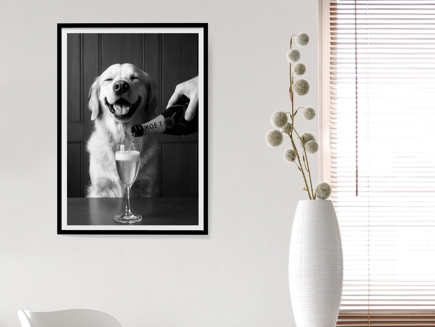 Golden Retriever Dog Drinking Champagne Print, Black and White, Bar Cart Wall Art, Cocktail Poster, Pub Decor, Printable, Digital Download