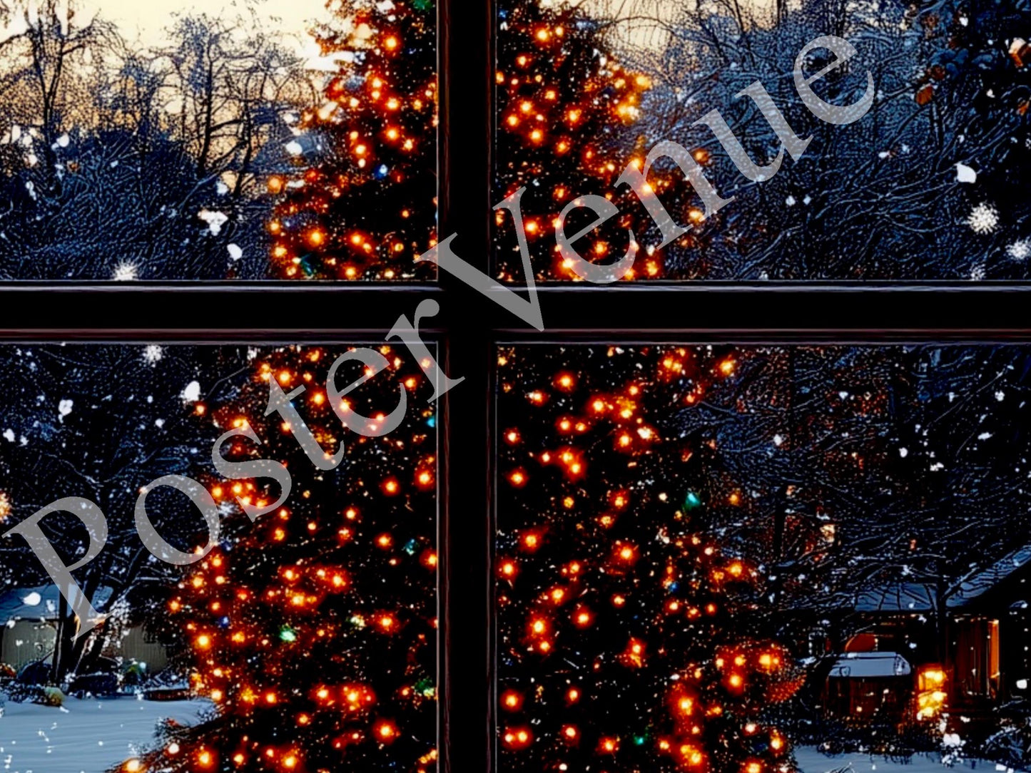 christmas tree through window snowfall santa claus festive decor glowing lights holiday vibes gifts funny christmas art digital download printable wall art poster, digital download