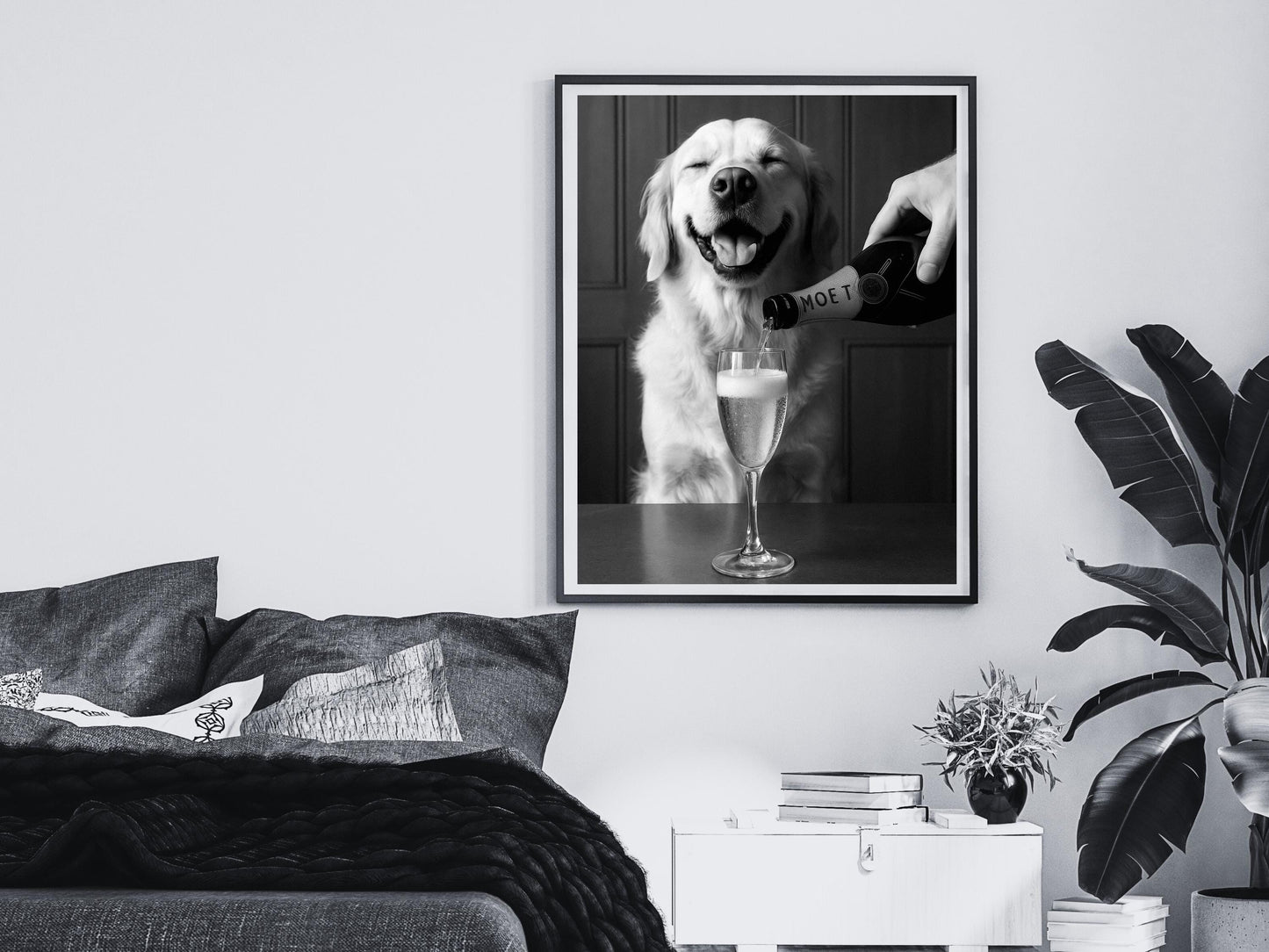 Golden Retriever Dog Drinking Champagne Print, Black and White, Bar Cart Wall Art, Cocktail Poster, Pub Decor, Printable, Digital Download