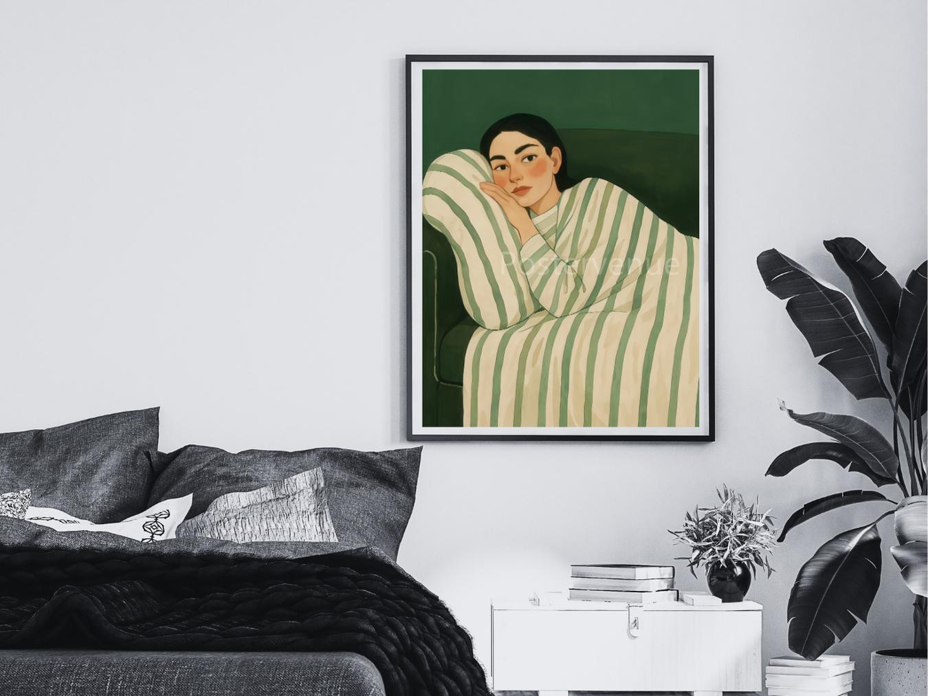 elegant emerald green woman wall art abstract face line drawing fashion inspired home decor minimalist luxury print digital download printable wall art poster, digital download