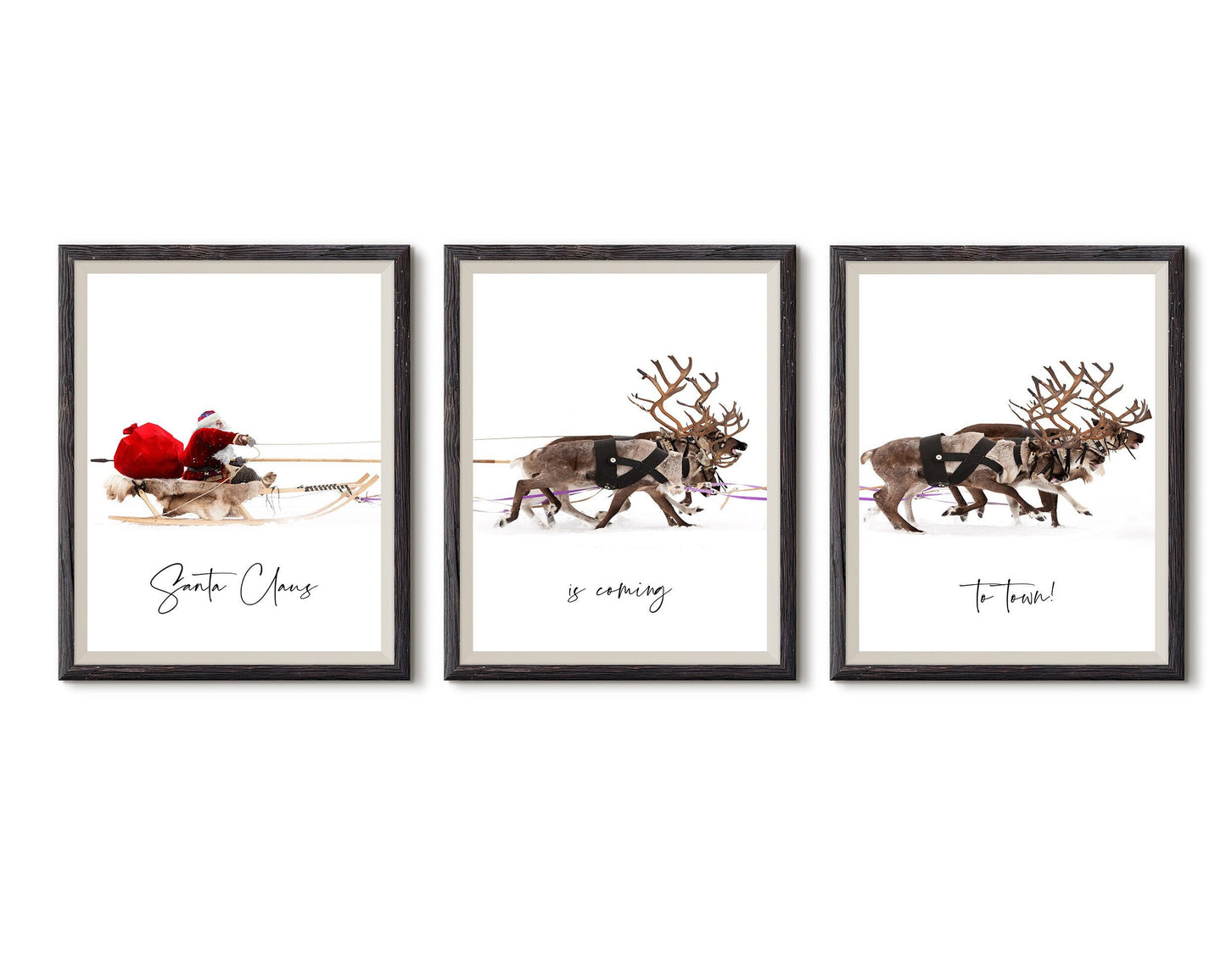 santa claus reindeer trio christmas wall art festive scandinavian holiday decor 3 frame digital download printable wall art poster, digital download