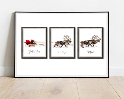 santa claus reindeer trio christmas wall art festive scandinavian holiday decor 3 frame digital download printable wall art poster, digital download