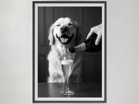 Golden Retriever Dog Drinking Champagne Print, Black and White, Bar Cart Wall Art, Cocktail Poster, Pub Decor, Printable, Digital Download