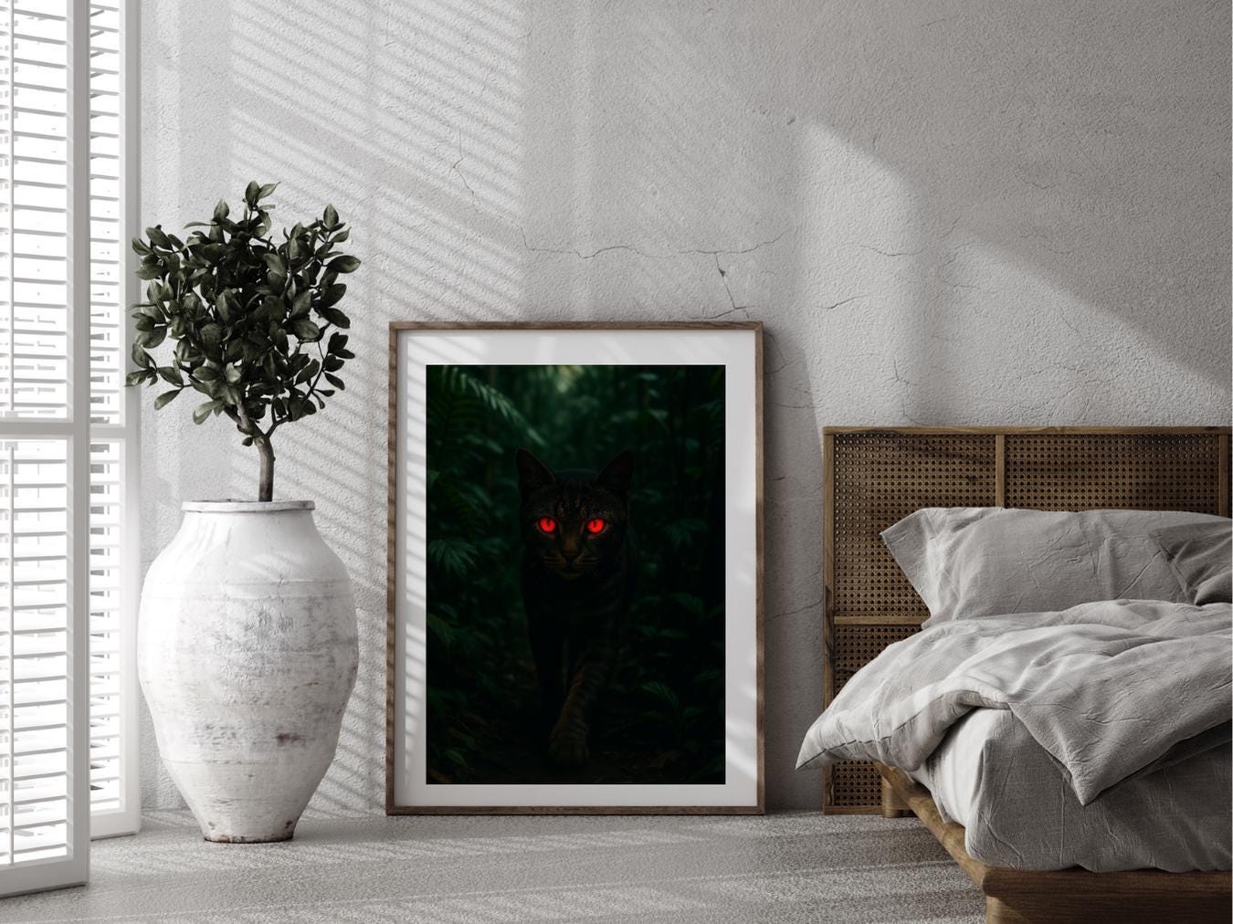 Framed artwork with red eyes in a bedroom setting