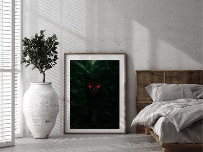 Framed artwork with red eyes in a bedroom setting
