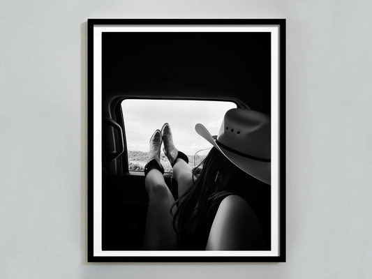Cowgirl Relaxing Car Window Print - Black & White Western Photography Wall Art (Digital Download)