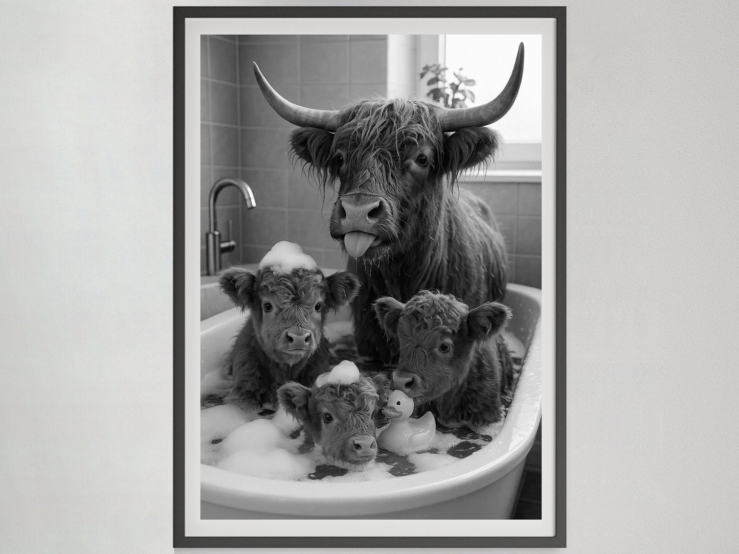 Highland Cow in Bathtub Print, Black and White, Funny Bathroom Wall Art, Kids Bathroom Decor, Digital Download, Animals in Bathtub Wall Art