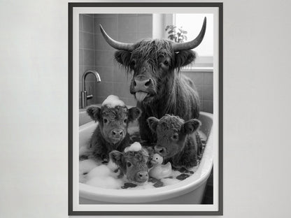Highland Cow in Bathtub Print, Black and White, Funny Bathroom Wall Art, Kids Bathroom Decor, Digital Download, Animals in Bathtub Wall Art