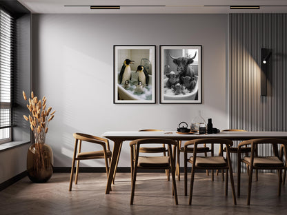 Highland Cow in Bathtub Print, Black and White, Funny Bathroom Wall Art, Kids Bathroom Decor, Digital Download, Animals in Bathtub Wall Art