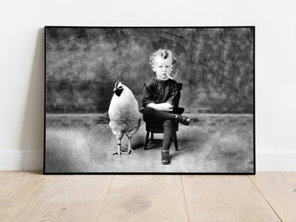 Smoking Boy with Chicken Print, Black and White, Vintage Photography, Quirky Bathroom Wall Art, Rare Prints, Digital Download, Funny Poster