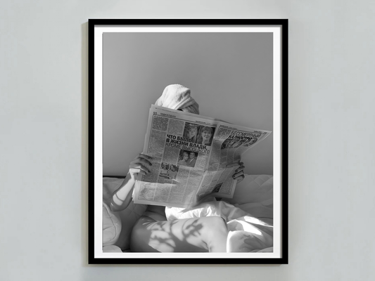 Woman Reading Newspaper Poster Black And White Minimalist Wall Art Digital Download