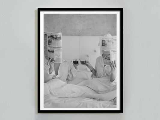 Couple Reading Newspaper Poster Black and White Cozy Morning Wall Art Digital Download